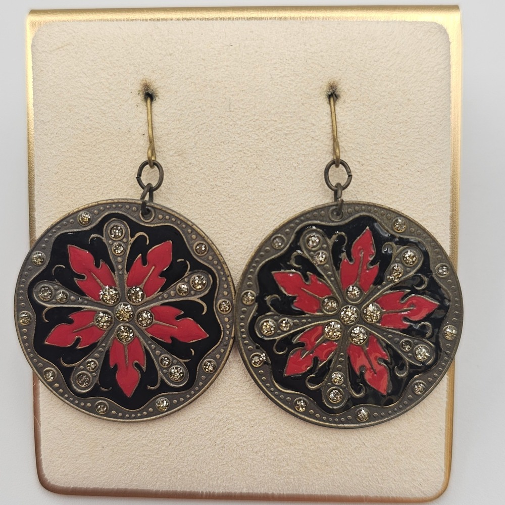 Boho Red Black Earrings Antiqued Brass Tone Dangle 2" Enamel Floral Mandala